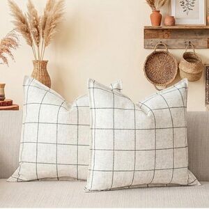 Cream Plaid Throw Pillow Covers 22x22 Set of 2, Couch Decorative Linen